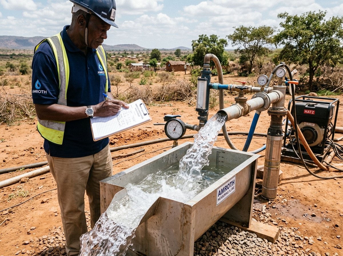 Borehole test pumping in Kenya — High discharge rate measurement with Amroth measuring flume and gauges