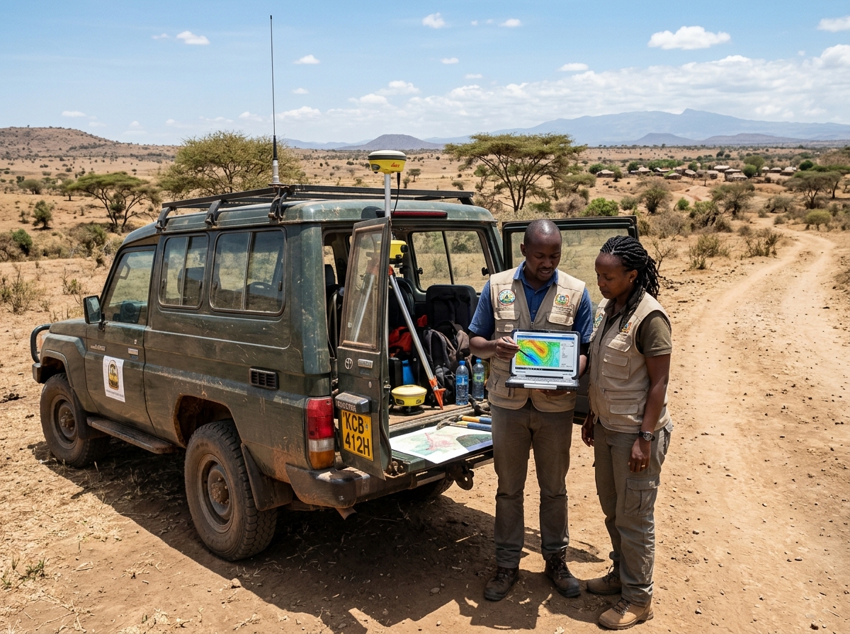 Geophysical survey — Field geologists analyzing resistivity contour maps and coordinates