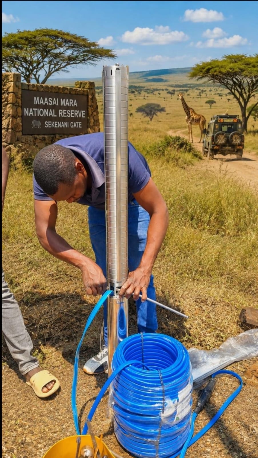 Borehole pump installation in Kenya — Amroth technicians fitting a stainless steel submersible pump at a wellhead