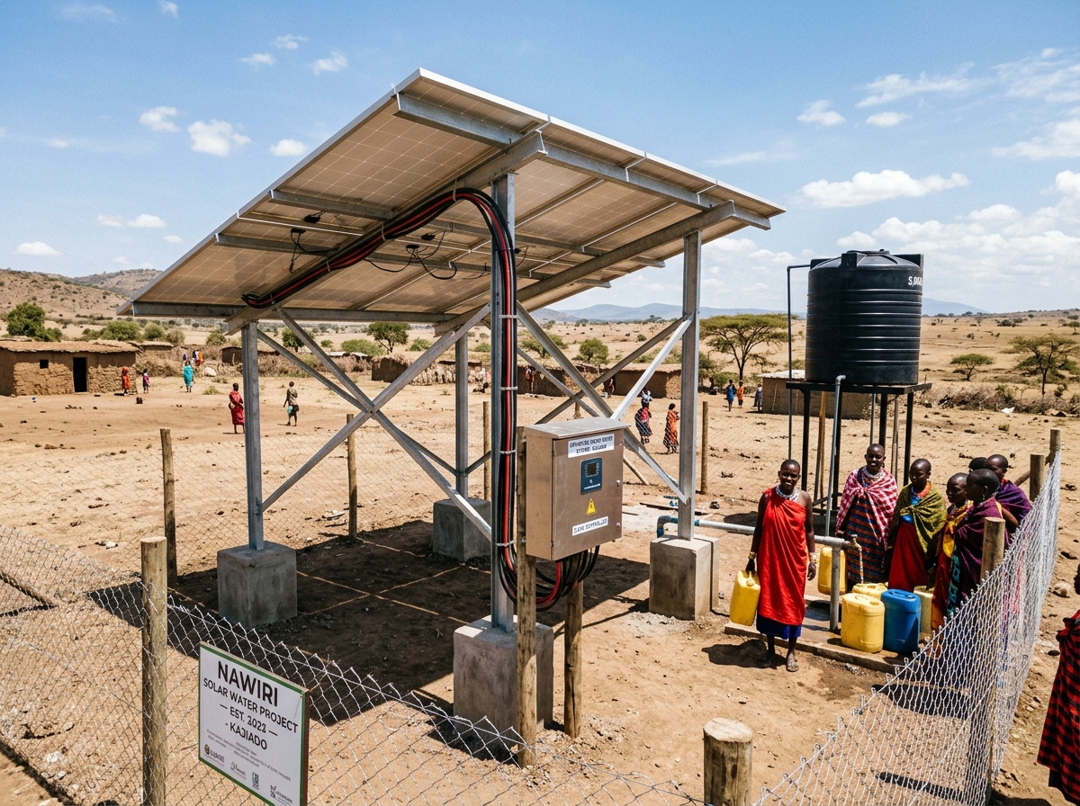 Solar borehole pumping system — Elevated PV solar panel array powering community borehole